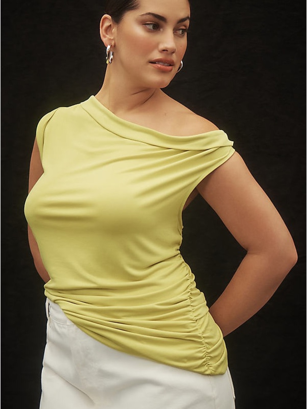 Pilcro Women's Anthropologie One Shoulder Ruched Blouse Top Size M Green Yellow